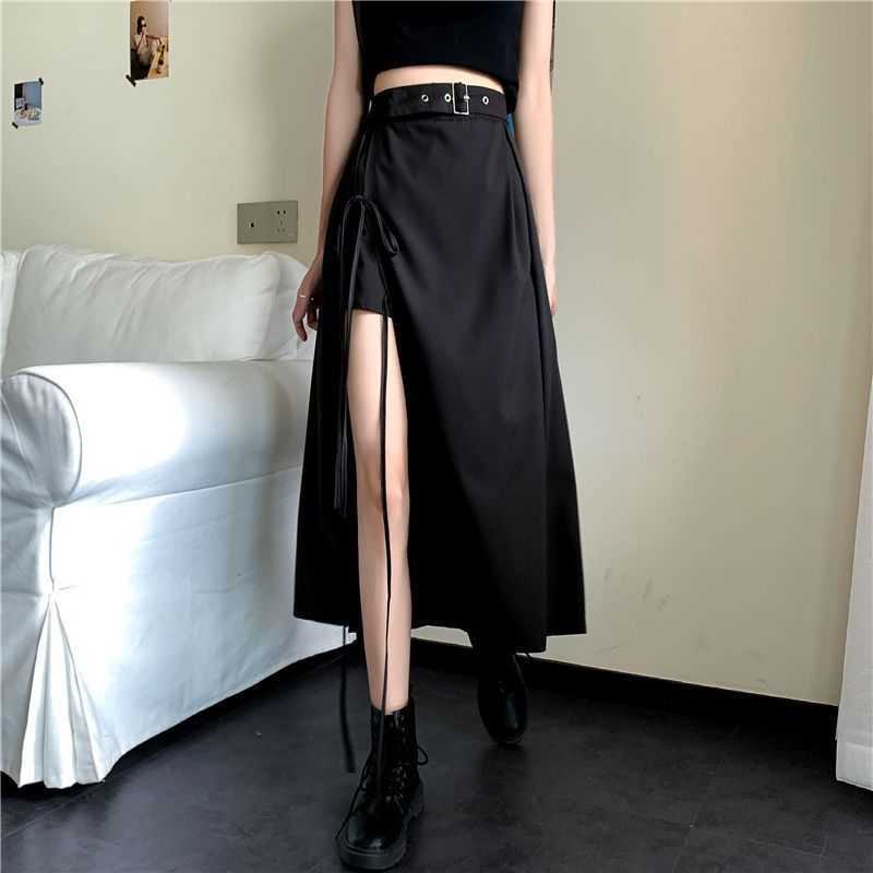 

2023 Spring and Autumn New Mid length Split Skirt Women's Large mm Irregular Temperament High Waist A-line Half length Skirt, Black2