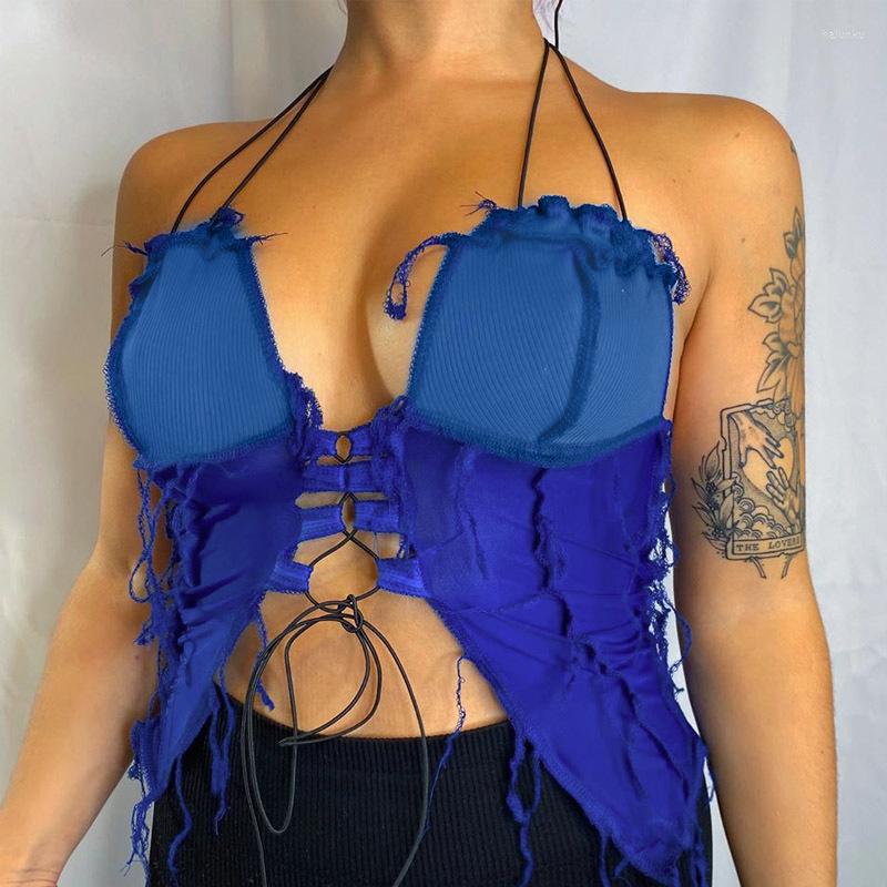 

Women' Tanks Sexy Hollow Out Crop Top Women Summer Autumn 2023 Halter V-Neck Blue Patchwork Backless High Street Wear Bandage Vest Camisole