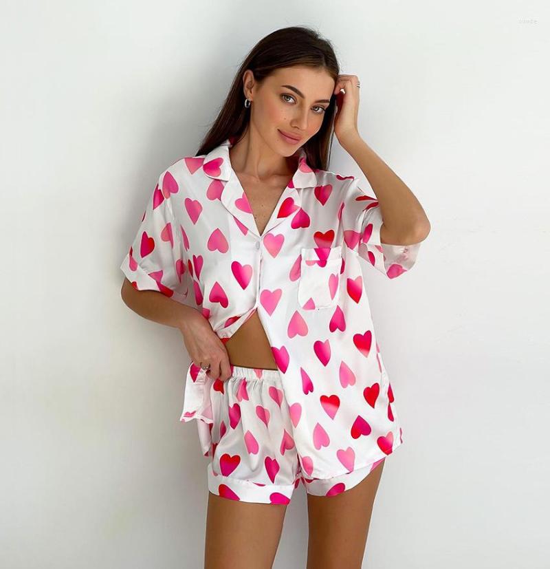 

Women' Sleepwear 2023 Summer Women Pajamas Set Cute Love Heart Silk Like Homewear Nightwear Short Sleeve Pants Ladies Suit Clothes, Black