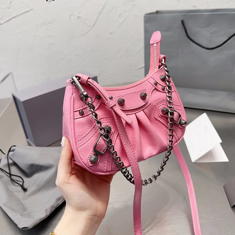 

LE Designer Crossbody Bags Chain Shoulder Bag Womens Totes Handbags Fashion Silver Chain Leather Tote Cross Body Motorcycle Bag Small Purses 19cm, Pink