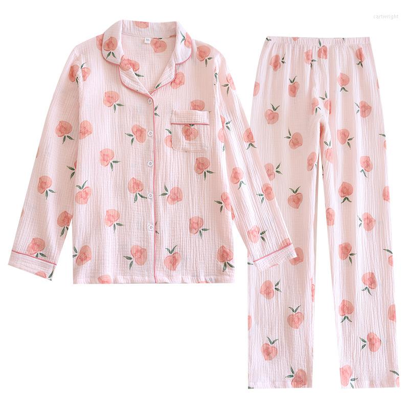 

Women's Sleepwear Spring Ladies Pajamas Set Heart Printed Crepe Cotton Double-layer Gauze Turn-down Collar Long-sleeve Trousers Household, Pink