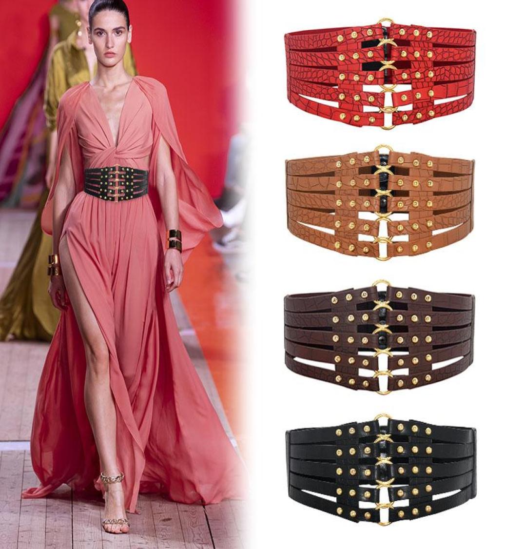 

Belts Gold Color Metal Buckle Women PU Leather Wide Waist Elastic Brown Black Ladies Dress Body Corset Waistband9032364