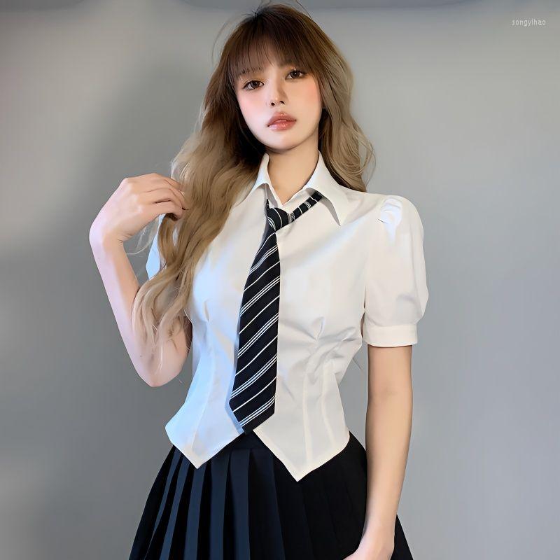 

Women' Blouses Korean Fashion Button Shirt Summer Blouse Women White Lady Short Sleeves Female Slim Street Shirts Bubble-sleeved POLO Tie, Shirts with tie