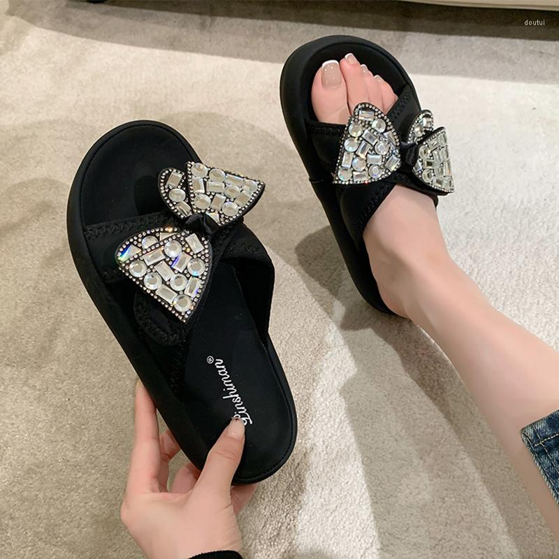 

Slippers Bow Flats Women Crystal Sandals Fashion Open Toe 2023 Summer Flip Flops Designer Casual Shoes Dress Ladies Slides, Beige