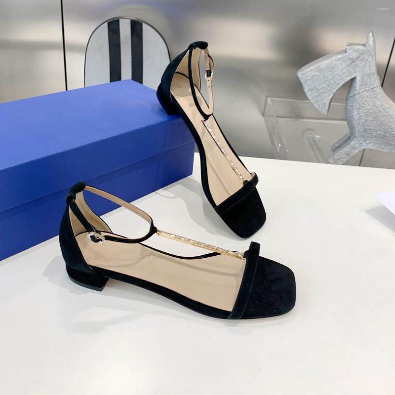 

Sandals Fashion Summer Square Toe Women Shoes Buckle Strap Genuine Leather Cover Heel Rhinestones Woman, As pic 2cm