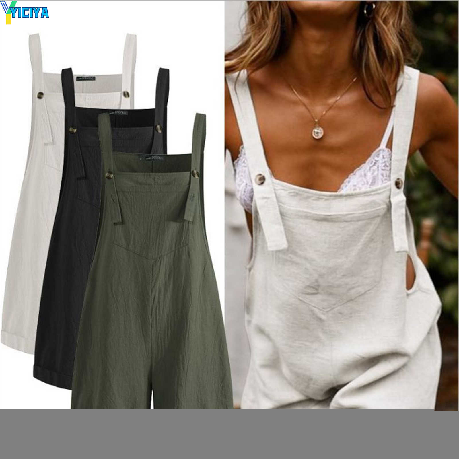 

YICIYA Women' Jumpsuits Rompers Women Loose Style Overalls Boho Solid Color Square Collar Playsuits Sleeveless Rompers Summer Casual Clothes, White