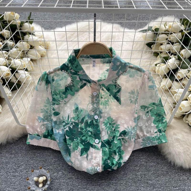

Women' Blouses Sexy Puff Sleeve Polo Neck Slim Blouse Elegant Korean Fashion Off Crop Top Shirt Summer Women Clothing, Green