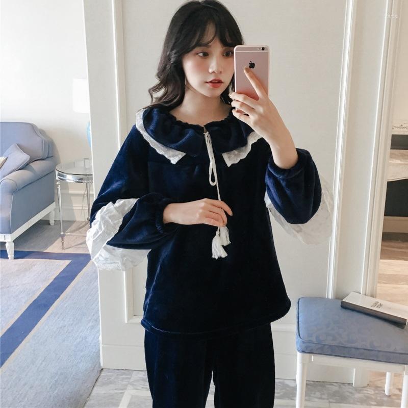 

Women's Sleepwear Autumn Winter Korean Edition Lace Princess With Lovely Flannel Nightgown Strawberry Coral Velvet Home Suit Sweet