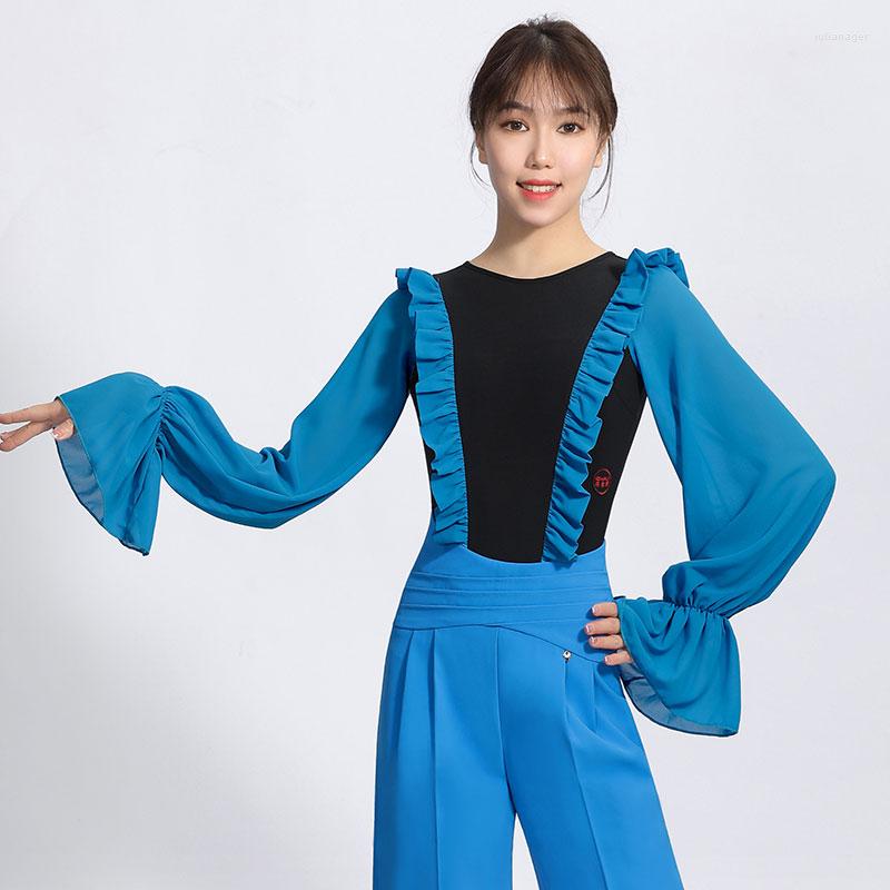 

Stage Wear Ballroom Latin Dance Tops Ruffles Women Modern Leotard Waltz Long-sleeved Practice Clothing, Blue