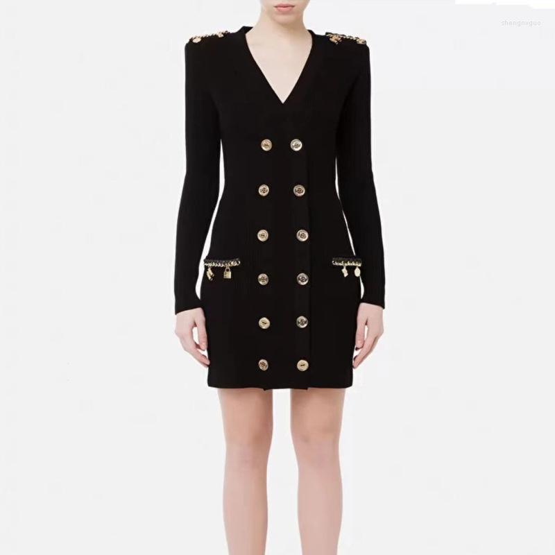 

Casual Dresses Amazing Designing Autumn Spring Collection Unique Style V-neck Double Breasted Black Knitting Chain Street Women Dress, Beige