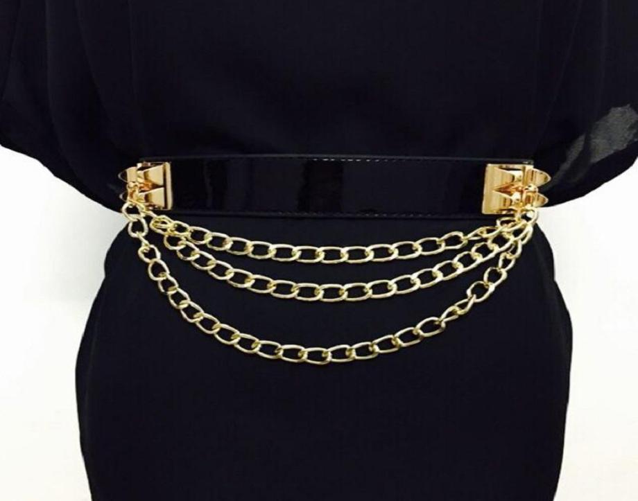 

Belts Punk Gold Chain Belt Women Dress Litchi Pattern Buckle Elastic Corset Ladies Pu Leather Waistband2992413, Black