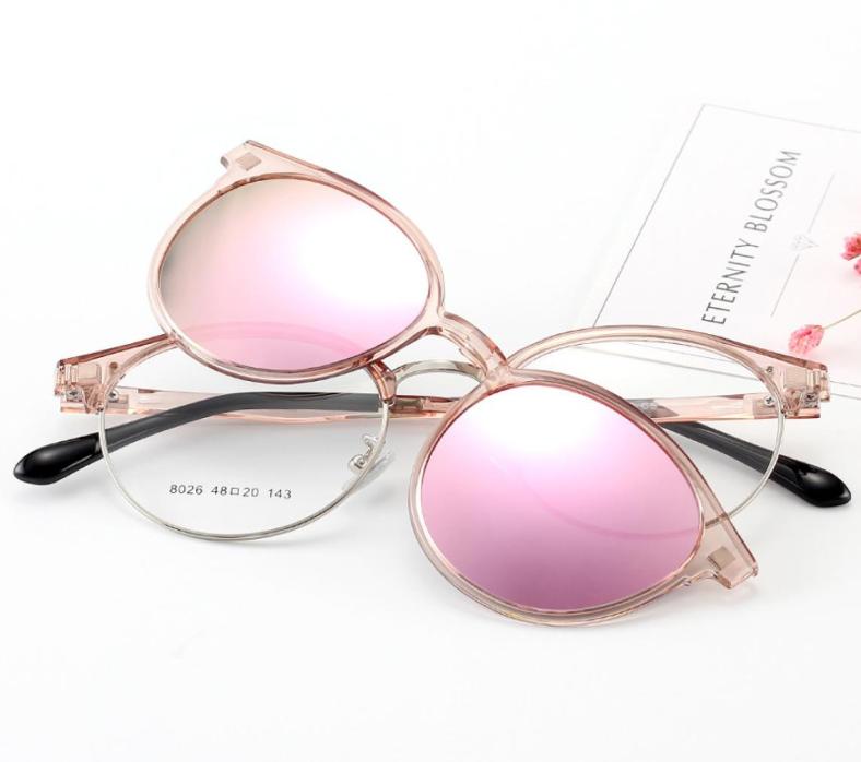 

Cubojue Women039s Clip on Sunglasses Polarized Magnetic Lens Round Glasses Frame Pink Blue Mirrored Fit Over Myopia Eyeglasses4667136