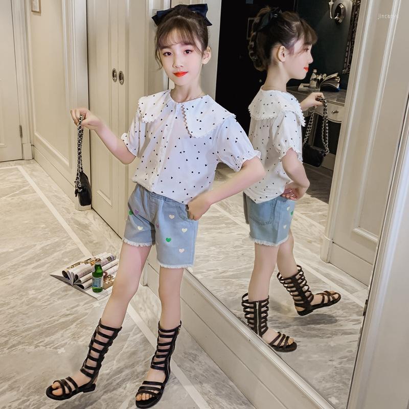 

Clothing Sets 2023 Summer Kids Girls Clothes Short Sleeve White Heart Polka Dot Shirt Blouse Lace Jeans Pants Baby 4 6 8 10 11 12 Year Teens, Gold