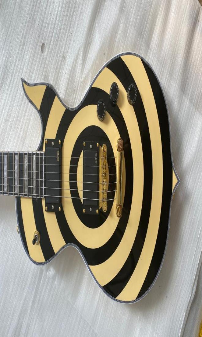 

Custom Zakk Wylde Audio Odin Grail Gangrene Yellow Cream Black Bullseye Electric Guitar Large Block Inlay Gold Hardware Copy EMG4390488