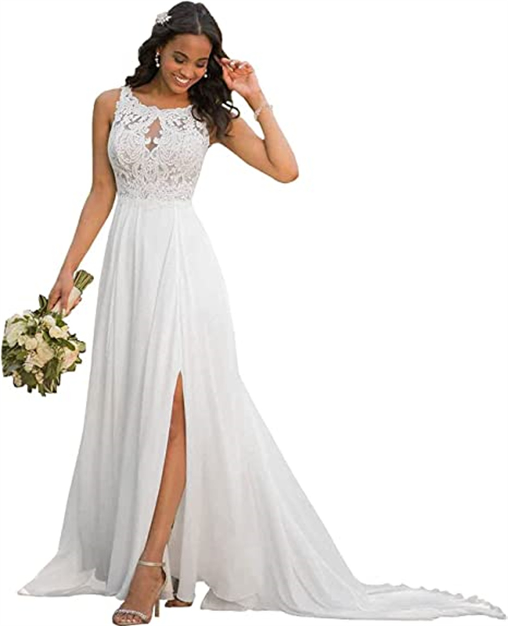 

Women's Chiffon Boho Wedding Dress for Bride Slit Lace A-line 2023 Beach Bridal Gowns, White
