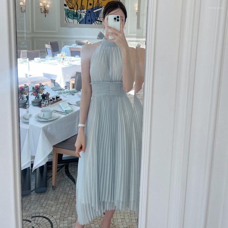 

Casual Dresses Korean French Ins South Style Elegant Hanging Neck Waist Fold Dress Holiday Greek Fairy Skirt, Blue