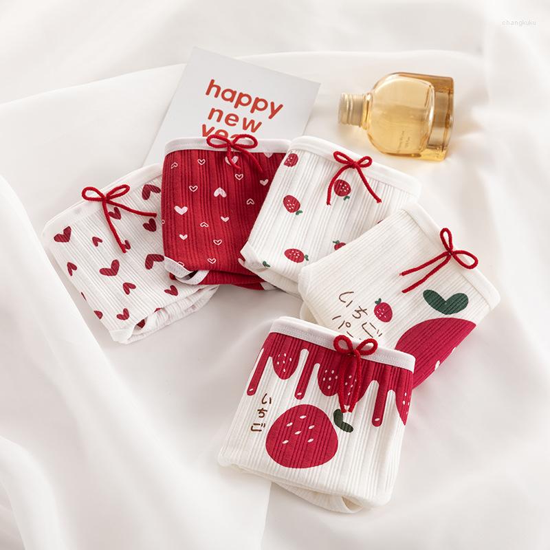 

Women's Panties Cotton Silk Strawberry Love Print Girl Underwear Cartoon Kawaii Bowknot Japanese Breathable Mid Rise Wimen Underpants, White-love