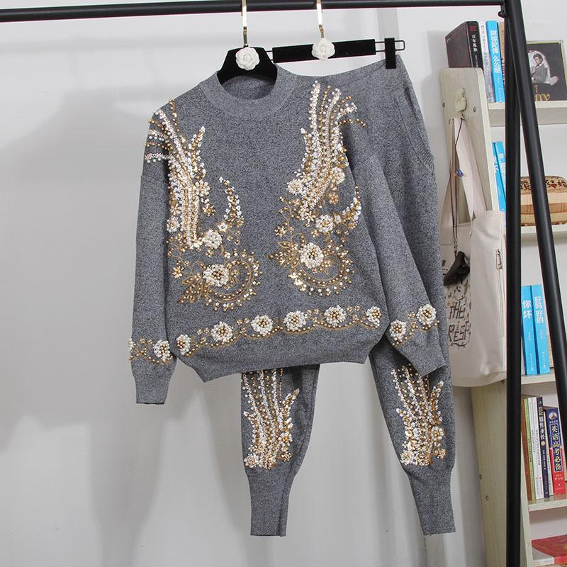 

Women' Two Piece Pants Korean Beading Sequins Embroidery Knitted Tracksuit Women Outfits Loose Black Gary Knit Pullover Sweater Pencil Set