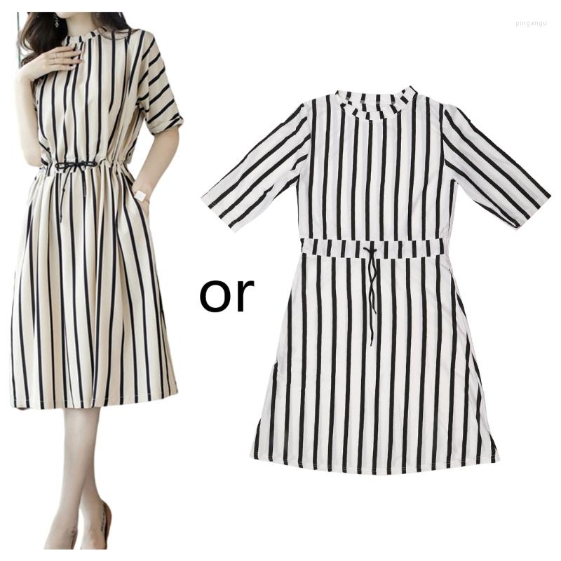 

Casual Dresses Summer Striped Short Sleeve T-Shirt Swing Aline For W/ Po, White
