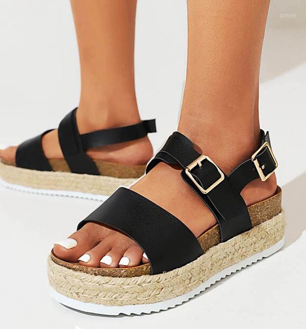 

Sandals LIHUAMAO Fahion Women Wedge Heel Peep Toe Ankle Strap Platform Shoes Rope Outsole Bohemia Beach, Black