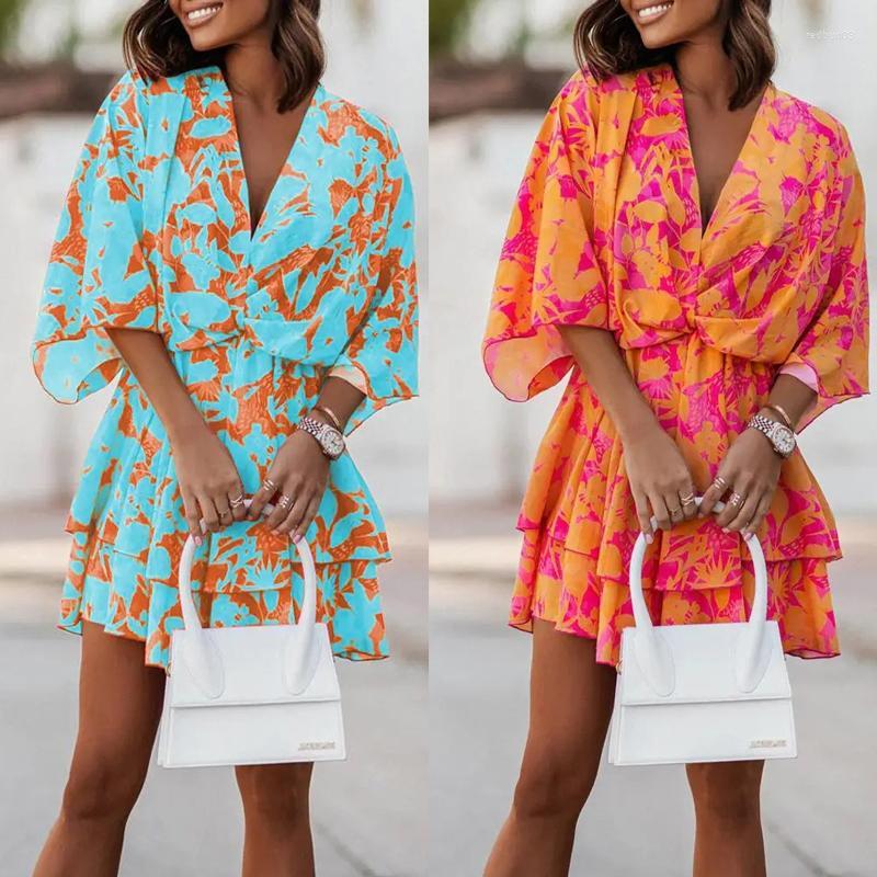 

Casual Dresses Women Sexy V Neck Mini Summer Boho Floral Print Batwing Sleeve Female Ruffle Beach Party Dress Vestidos, 61533 stripe