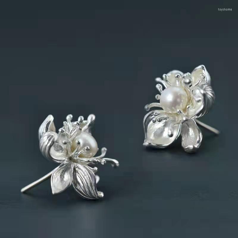 

Dangle Earrings Three-dimensional Design Silver Inlaid Pearl Flower Women's Exaggerated Exquisite Party Jewelry Accessories