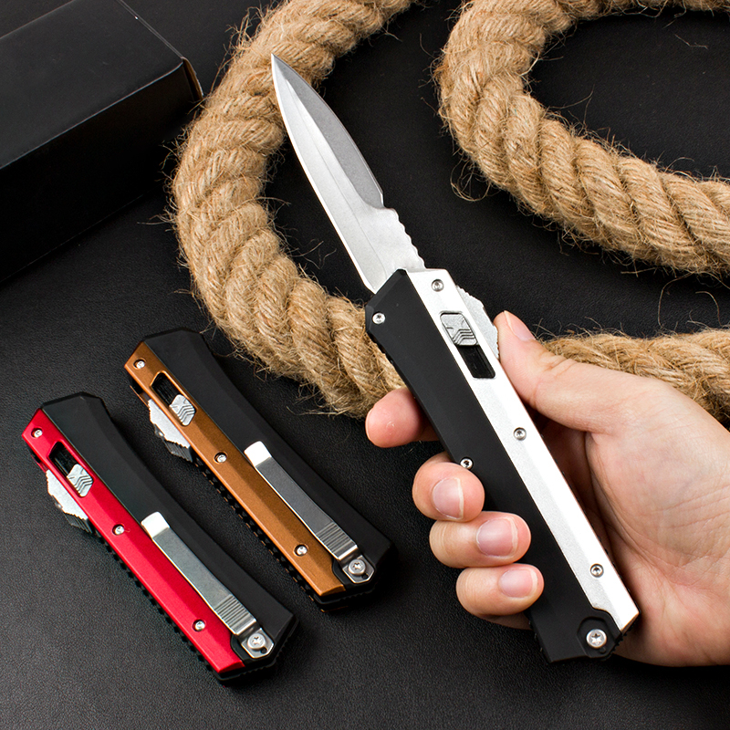 

Special Offer H2917 Automatic Tactical Knife 5Cr15Mov Double Action Stone Wash Blade Two-tone Zn-al Alloy Handle 3-sided Switch EDC Pocket Knives With Nylon Bag