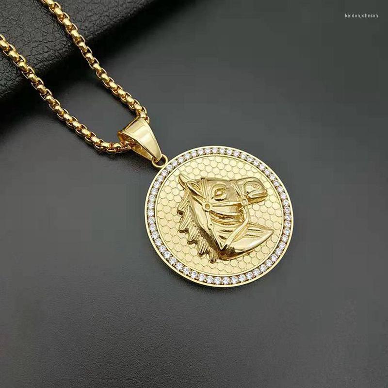

Pendant Necklaces Hip Hop Bling Iced Out Solid Stainles Steel Horse Head Round Pendants For Men Rapper Jewelry Gold Color Drop