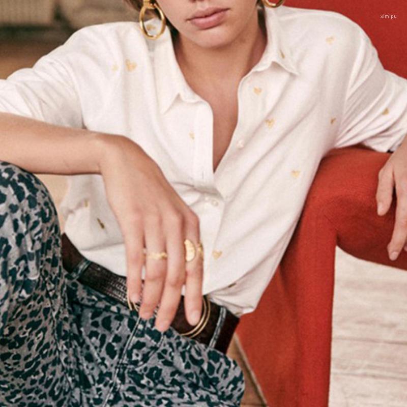 

Women' Blouses Women' Love Embroidery Turn-down Collar Long Sleeve Blouse 2023 Ladies Simple Single Breasted Shirt Top All-Match, White