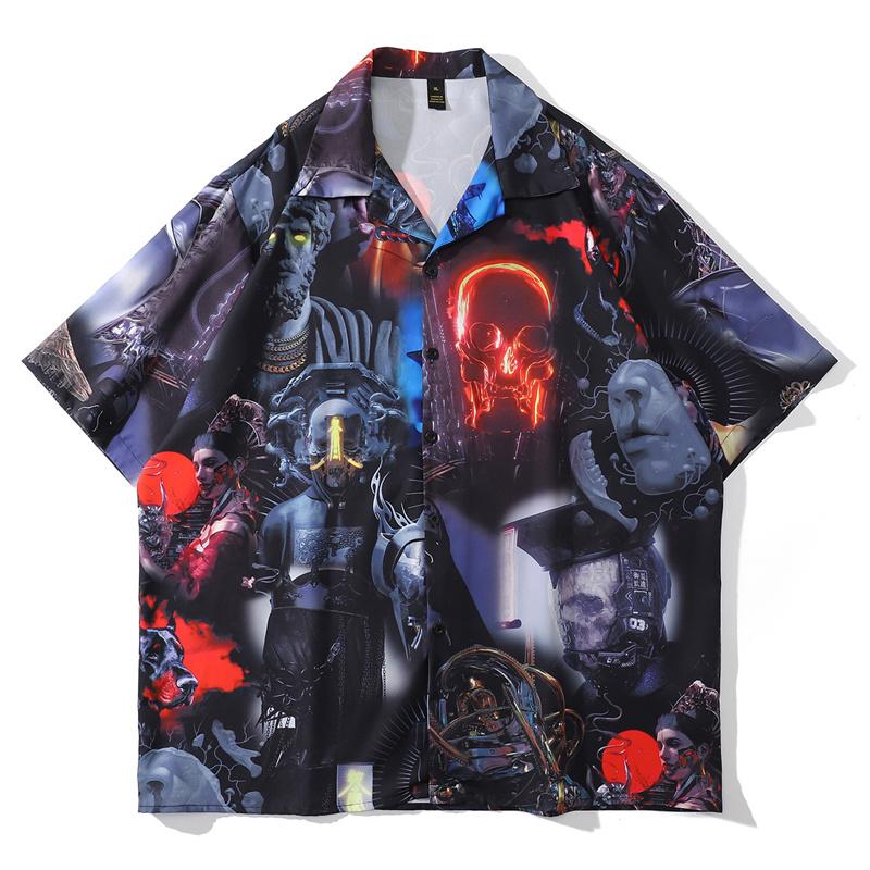 

Men's Casual Shirts Hip Hop Gothic Streetwear Shirt Skeleton Robot Print Short Sleeve Summer Harajuku Fashion Hawaiian Mens CamisasMen's, Black