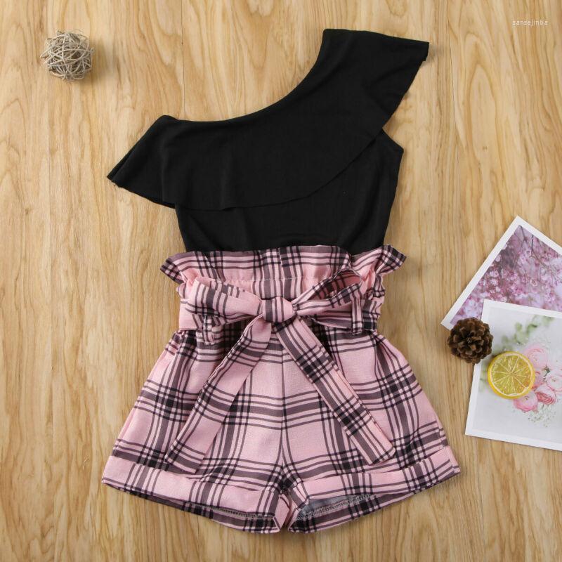 

Clothing Sets 2-7Y Toddler Baby Girls Clothes One Asymmetric Shoulder Ruffles T Shirts Tops Plaid Print Belt Bow Shorts 2pcs, Picture shown
