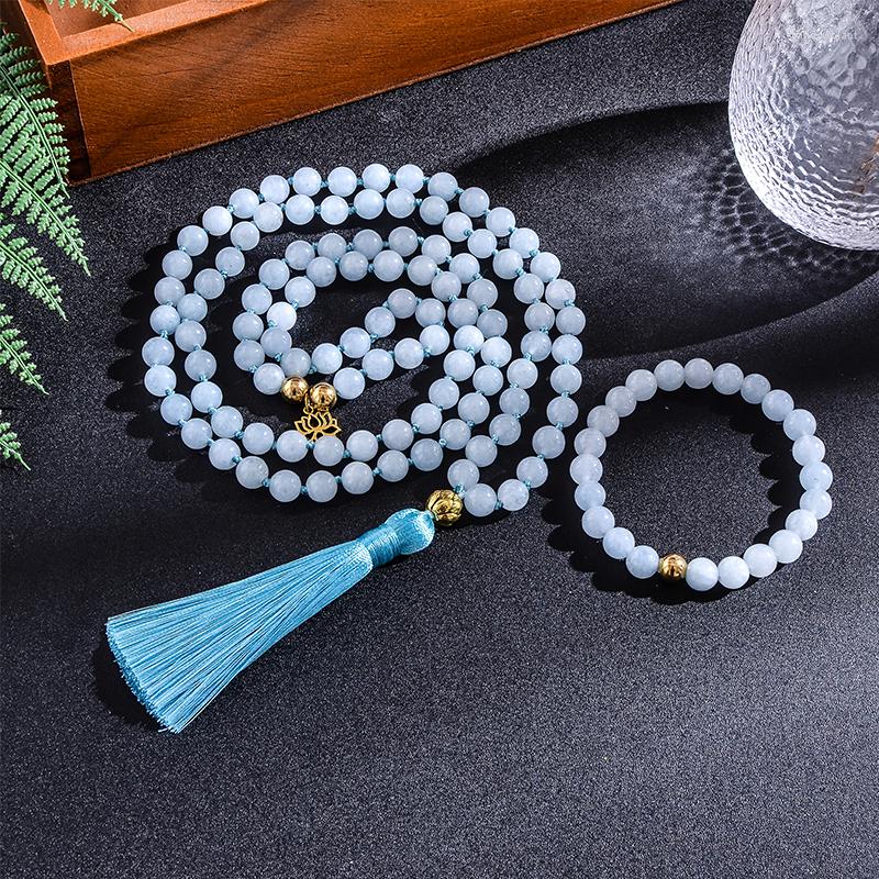 

Pendant Necklaces 108 Beaded 8mm Aquamarine Japamala Necklace Bracelet Set Meditation Yoga Spiritual Energy Jewelry Women Rosary