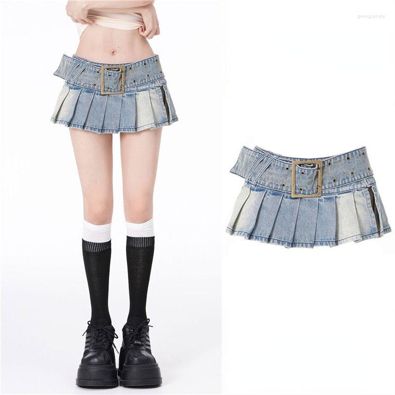 

Skirts Hikigawa Chic Fashion Women American Light Blue Low Waist Pleated Denim Mini Summer Streetwear Sexy Y2k Belt Faldas Mujer