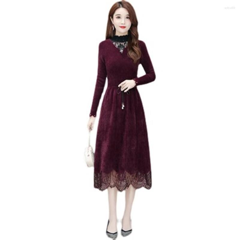 

Casual Dresses Elegant Woman Dress 2023 Spring Autumn Womens Hollow Out Lace Femme Vestido Belt Ladies Slim OL, Blue