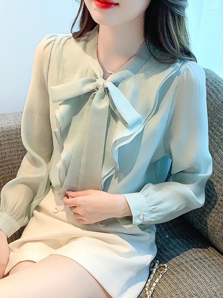 

Women' Blouses Long Sleeve Ruffles Chiffon Blouse Shirt Bow Collar Women Blusas Mujer De Moda 2023 Shirts Blusa Feminina G205, Light green
