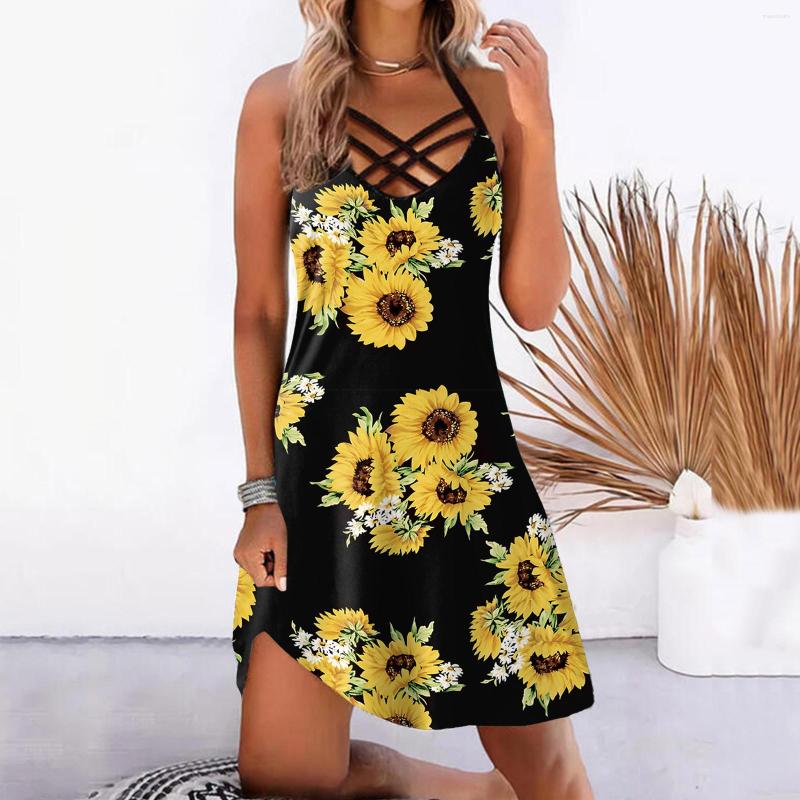 

Casual Dresses In Sleeveless Lace Up Pullover For Women Evening Dress Sunflower Print Hollow Out V Neck Sundress Loose Mini, Black