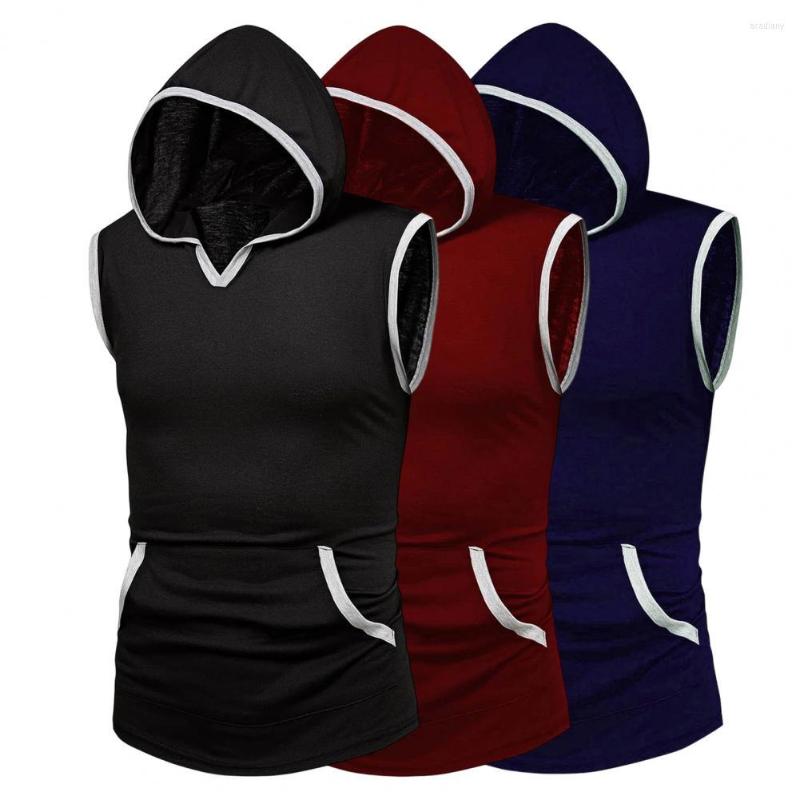 

Men's Tank Tops Men Hooded Top V-Neck Sleeveless Fitness Sweatshirt Solid Color Breathable Bodybuilding Sports Shirt With Pocket For, Black