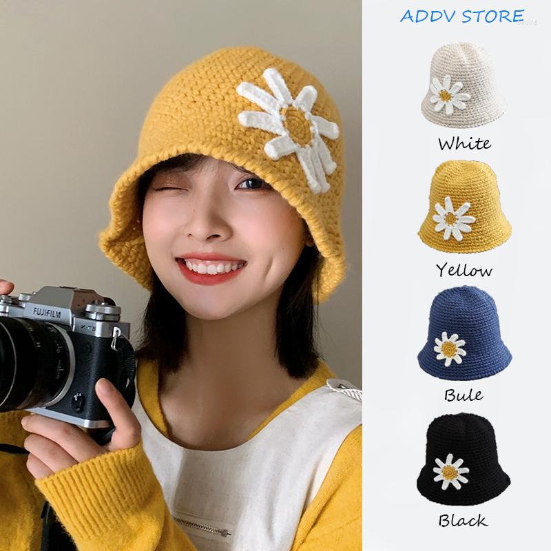 

Berets Yellow Knitted Woolen Fisherman Hat Women's Japanese Baby Daisy Bucket Summer Girl Sun, Orange