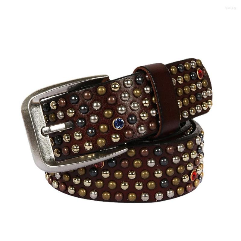 

Belts Fashion Casual Rivet Leather Belt With Small Mushroom Nail Circular Inlaid Drill Bit Layer Cowhide Men's, Black