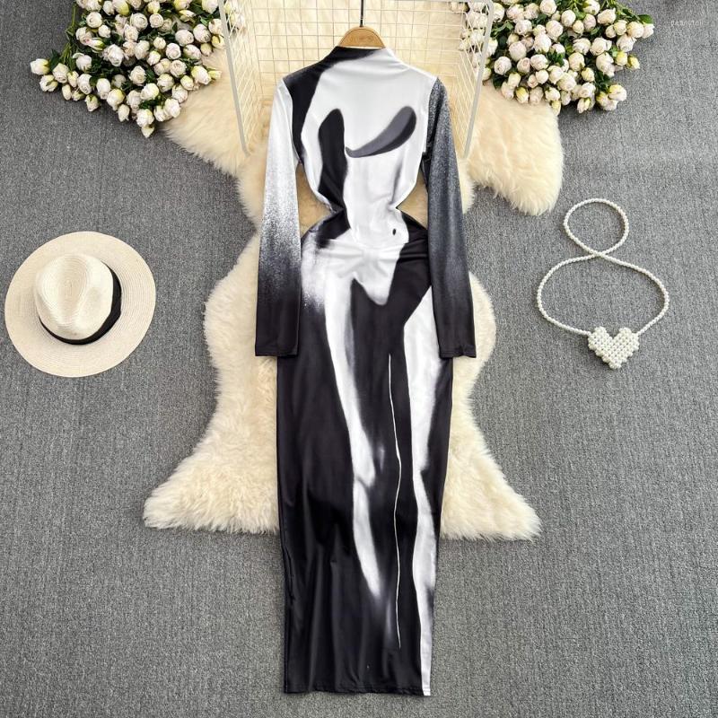 

Casual Dresses SuperAen Spring And Autumn 2023 European American Style Retro Long-sleeved Round Neck High Waist Thin Printing Dress, Black