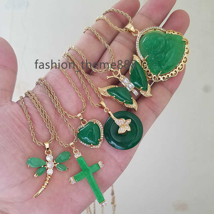 

green jade jewelry stainless steel rope chain donut butterfly heart dragonfly cross pendant jade necklace