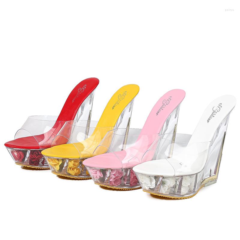 

Slippers High Quality Women Shoes Summer Transparent Crystal Model Catwalk Wedding High-heeled 15cm Wedges, 01