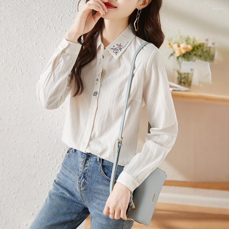 

Women's Blouses Women Spring Autumn 2023 White Tops Lady Casual Embroidery Turn Down Collar Long Sleeve Vintage Loose Blusas, Women blouse