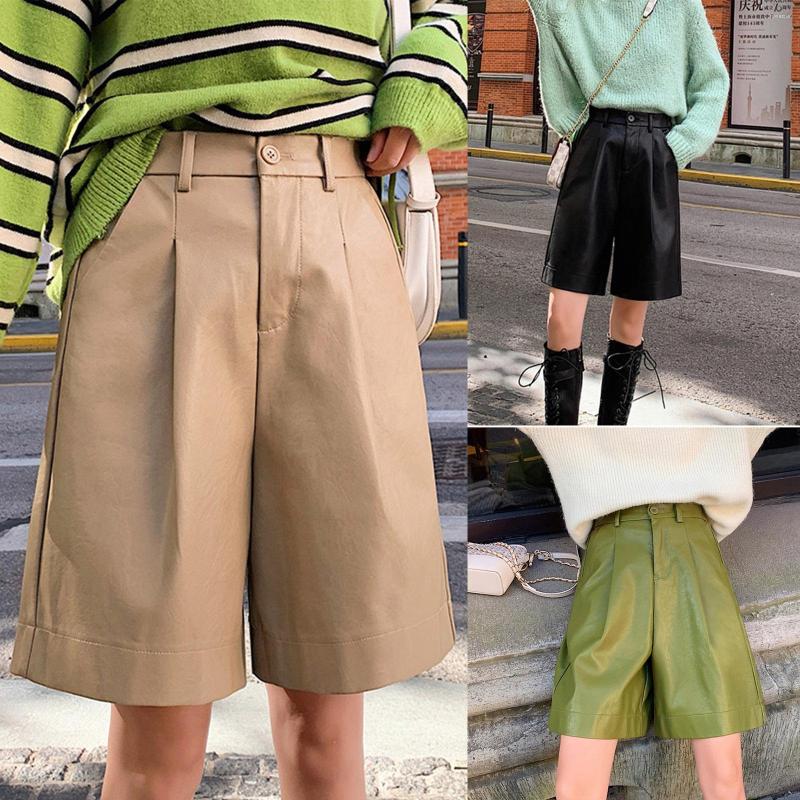 

Women' Shorts Korean Black Faux PU Leather Knee-length For Women Pockets High Waist Loose Wide Leg Long Streetwear Casual