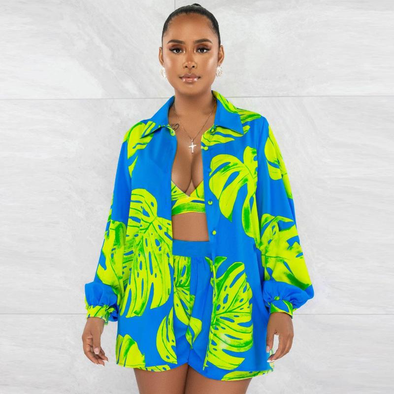 

Women's Tracksuits RMSFE 2023 Women Fashion Long Sleeved Lapel Single Breasted Shirt Sexy Printed Shorts Nightclub Three Piece Set, Blue