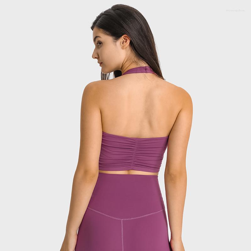 

Yoga Outfit Solid Color Women Fitness Bra Tight Vest Sports Tank Top Hanging Neck Tube Style Beauty Back Folds With Removable Chest, Black