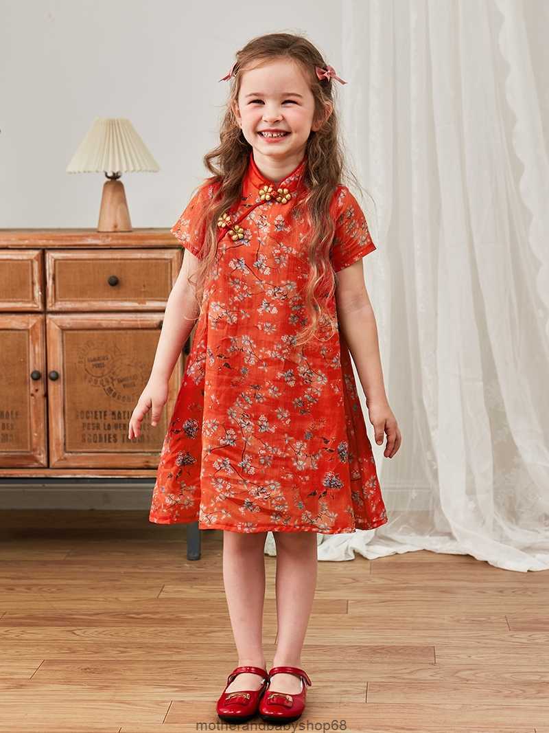 

Girls' Summer Short Sleeved Large Swing Cheongsam Parent-child Outfit Ethnic Chinese Style Han Tang Dynasty Costume Treasure Little Girl's Mother's Clothing, Orange red (pure cotton lining)
