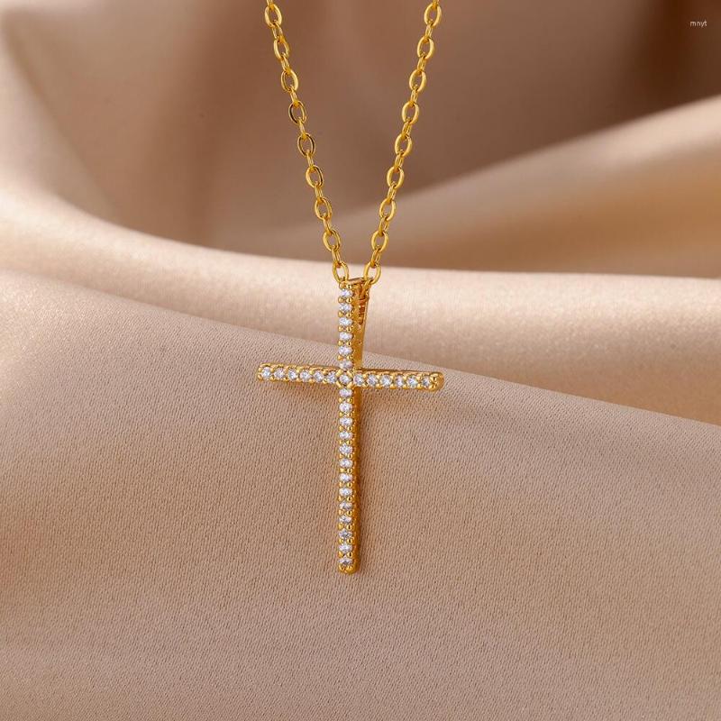 

Pendant Necklaces Exquisite Cubic Zirconic Cross Necklace For Women Stainless Steel Gold Color Chain Jewelry Gift