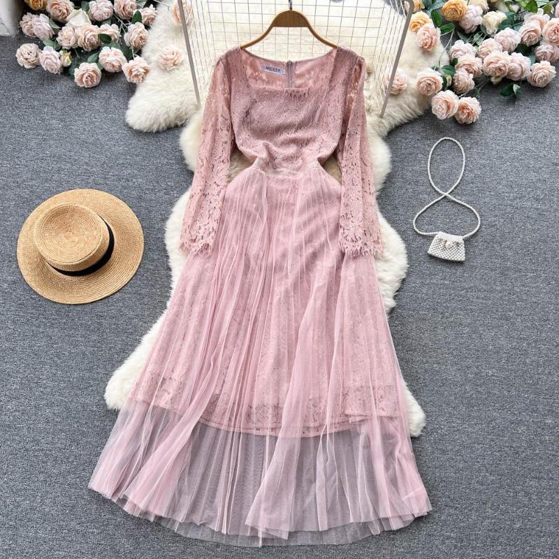 

Casual Dresses Fashion Celebrity Square Neck Long Sleeve Dress For Women Spring Summer Lace Hooked Flower Party Elegant Vestidos K094, Lotus root color
