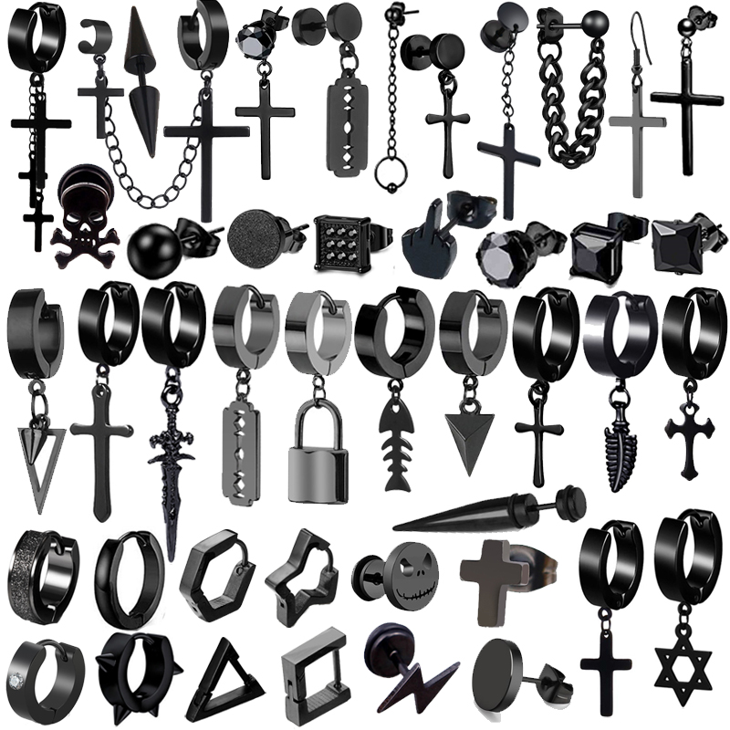 

WKOUD 1 Pair 50 Different Types Shape Unisex Black Color Stainless Steel Piercing For Women Men Punk Gothic Barbell Earring